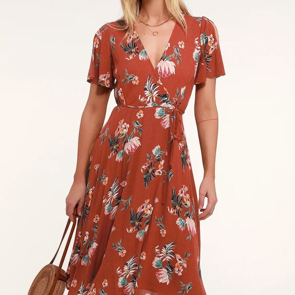 Lulus Rust Red Tropical Print Wrap Midi Dress - Picture 1 of 5